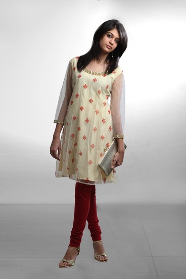 Velvet Print Anarkali - Red motif