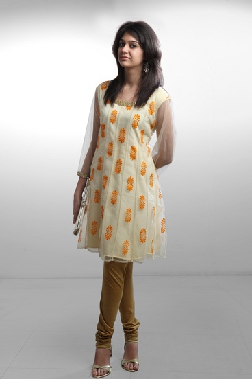 Velvet Print anarkali - Orange motif